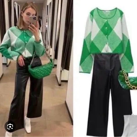 Zara Green and Cream Women's Cardigan - Picture 4 of 8